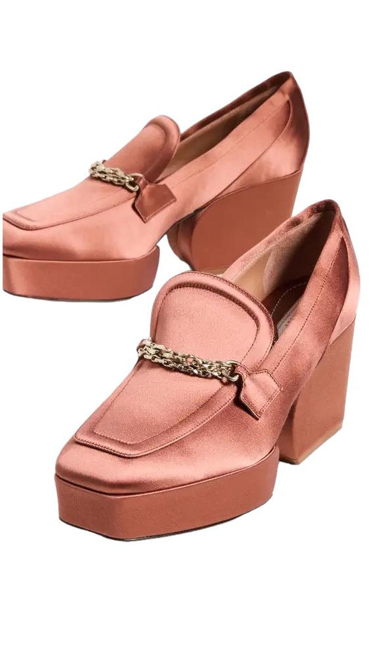 Zimmermann Crescent Satin Loafer | Rust/Tan, Platform, Gold Chain,Italian Made