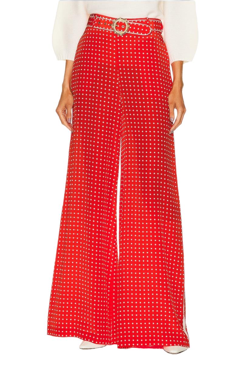 Zimmermann Belted Pant | Red/ Cream Dot, High Waist, Wide Leg, White Side Stripe