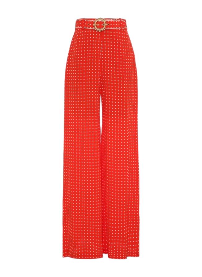 Zimmermann Belted Pant | Red/ Cream Dot, High Waist, Wide Leg, White Side Stripe