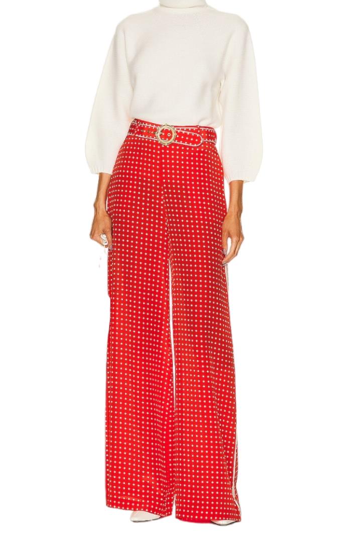 Zimmermann Belted Pant | Red/ Cream Dot, High Waist, Wide Leg, White Side Stripe