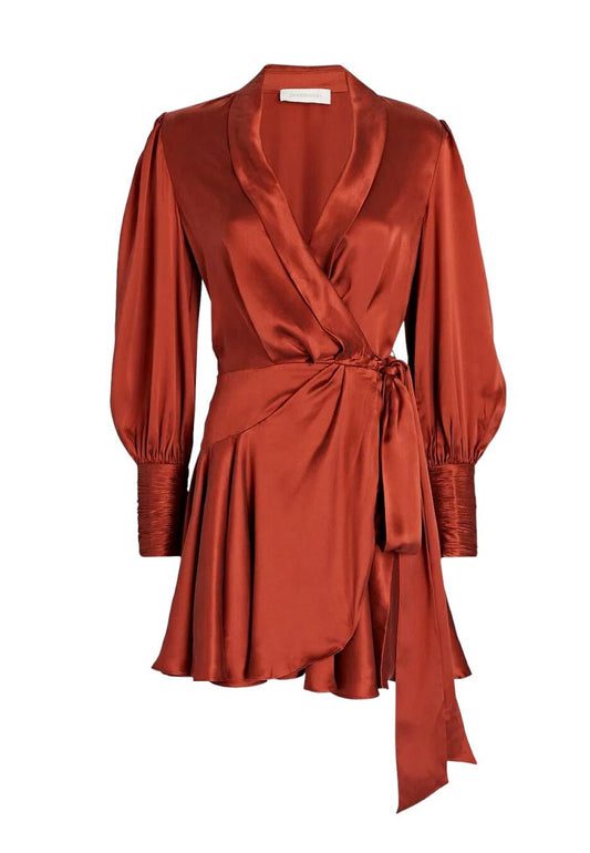 Zimmermann Silk Wrap Mini Dress | Sienna / Rust,  Sueded Silk Cocktail, Party