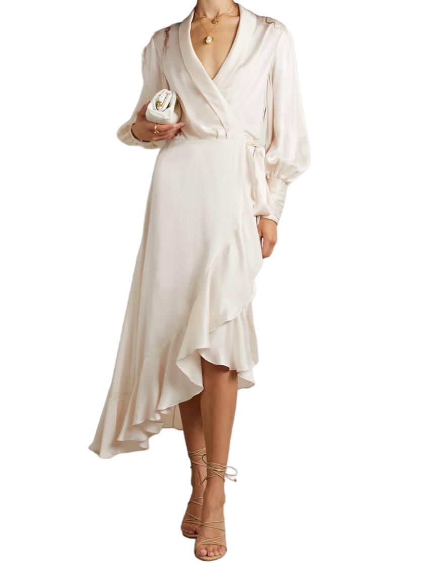 Zimmermann Silk Wrap Midi Dress | Cream/Off White, Sueded Silk Cocktail, Dolman