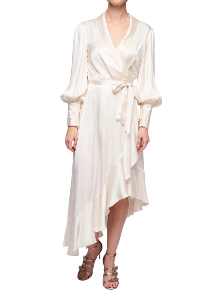 Zimmermann Silk Wrap Midi Dress | Cream/Off White, Sueded Silk Cocktail, Dolman