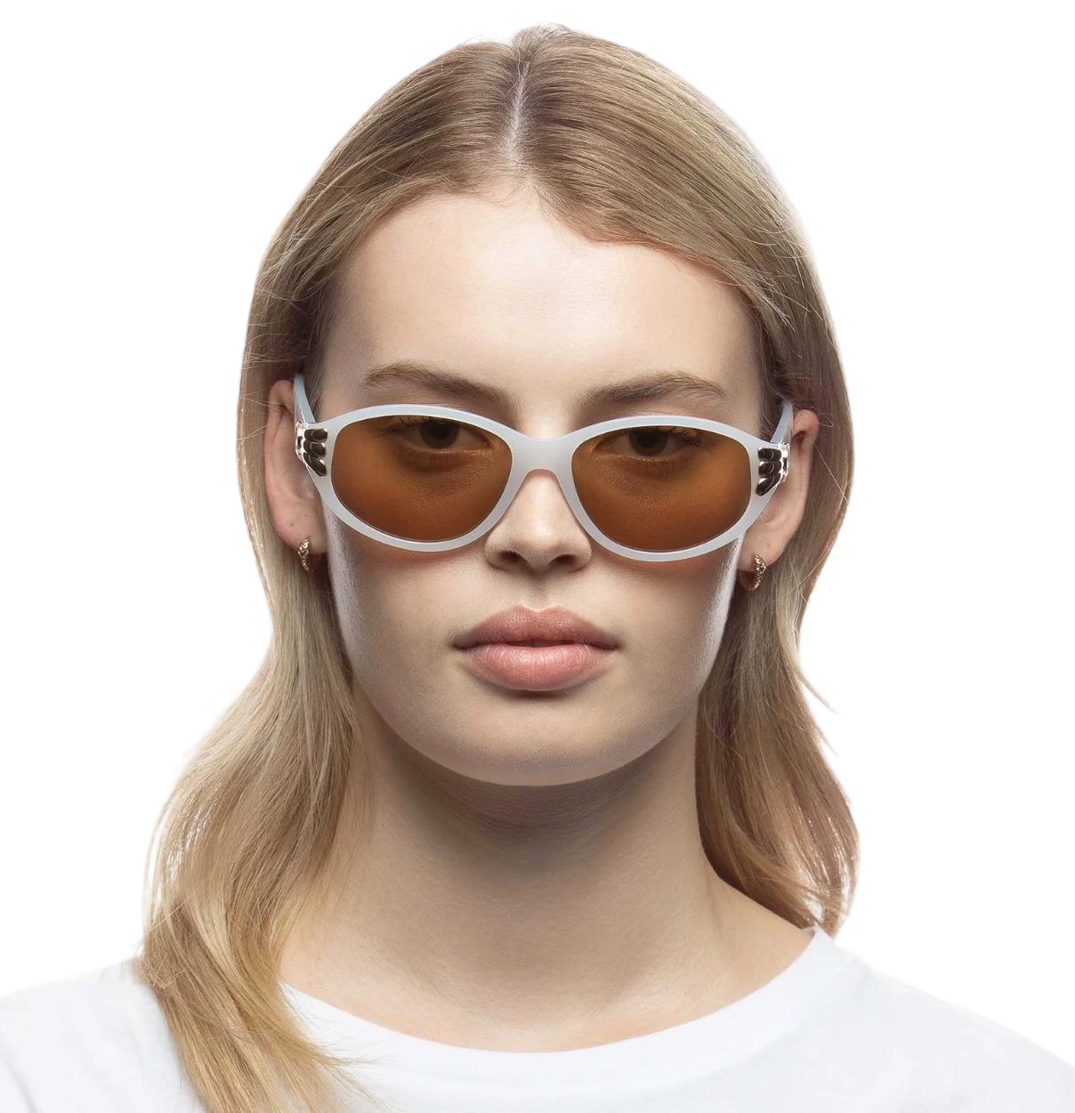 Le Specs Bombshell Sunglasses | White/Gold Hardware, Oval, Acetate, Alt Fit