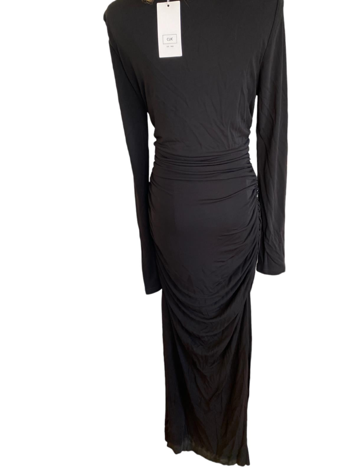 CUE Slinky Maxi Black Dress Gathered Slits Stretch Formal