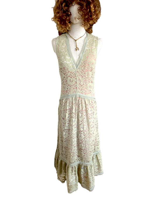 HANSEN & GRETEL Lace Midi Dress | Sz 1, Nude Slip, V-Neck, Party/Cocktail Dress