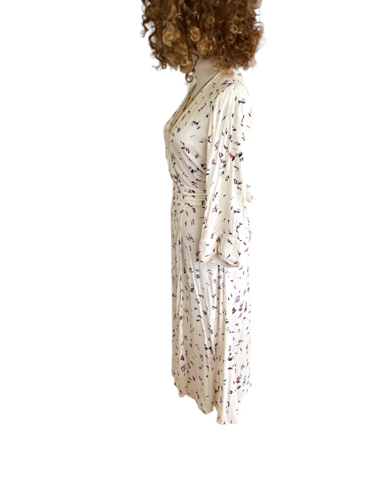 GANNI Wrap Midi Dress | White Floral, Sz 34/XS, Viscose, Bell Sleeves, V Neck