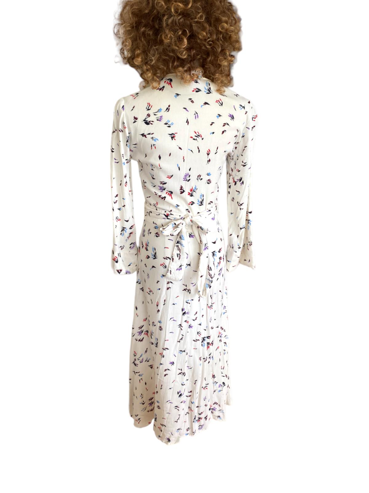 GANNI Wrap Midi Dress | White Floral, Sz 34/XS, Viscose, Bell Sleeves, V Neck