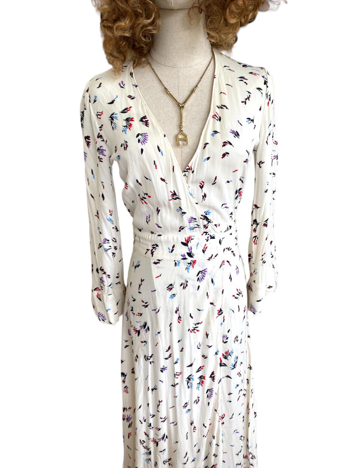GANNI Wrap Midi Dress White Floral Sz Viscose V Neck bell Naked Pear GANNI Wrap Midi Dress White Floral Sz Viscose V Neck bell Naked Pear