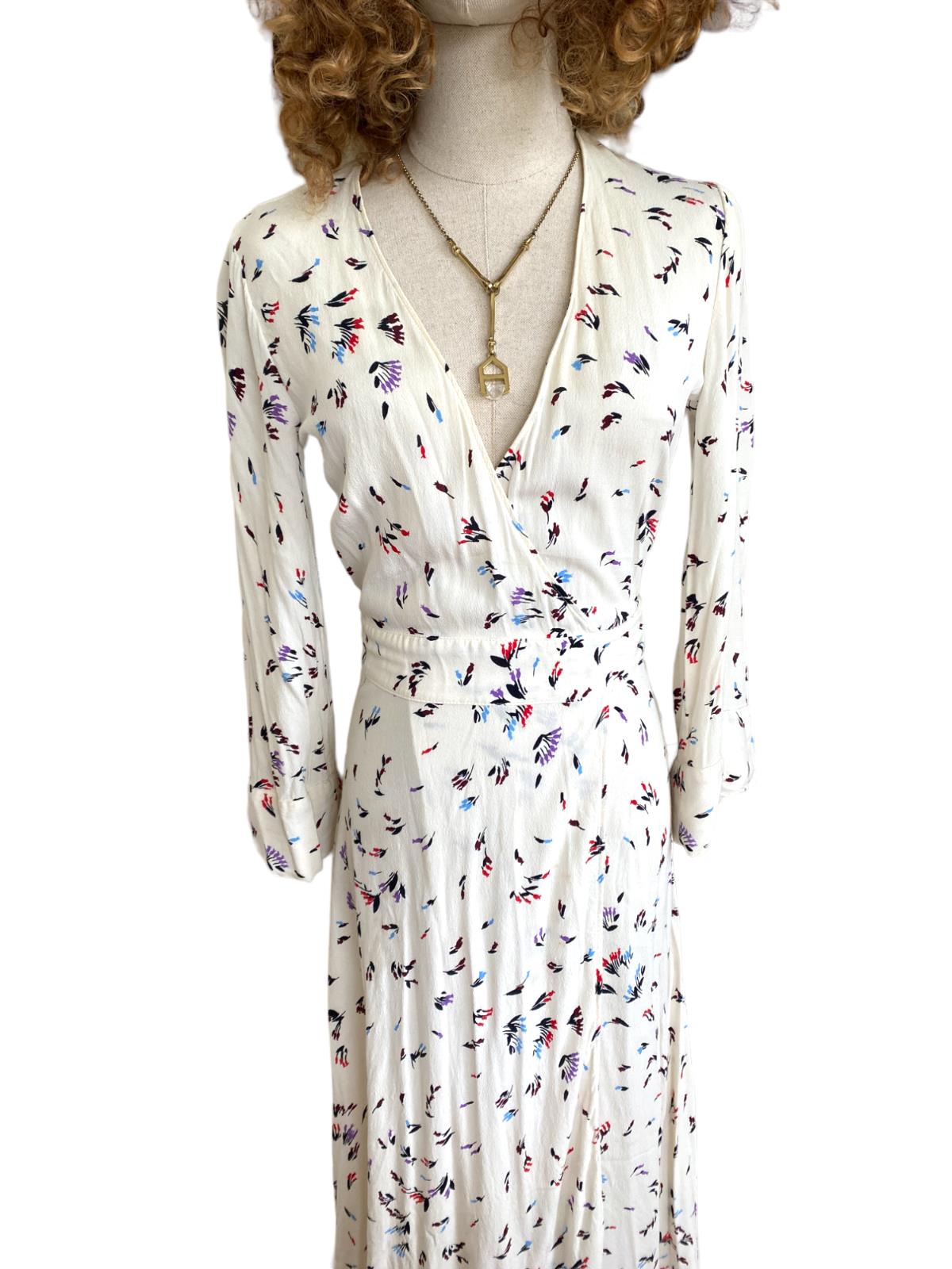 GANNI Wrap Midi Dress | White Floral, Sz 34/XS, Viscose, Bell Sleeves, V Neck