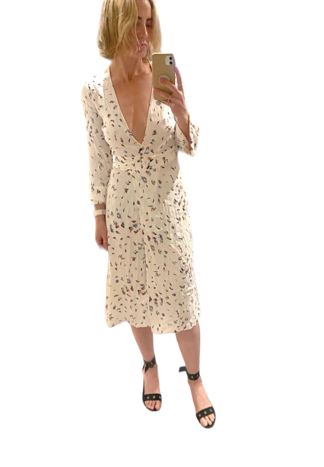 GANNI Wrap Midi Dress | White Floral, Sz 34/XS, Viscose, Bell Sleeves, V Neck