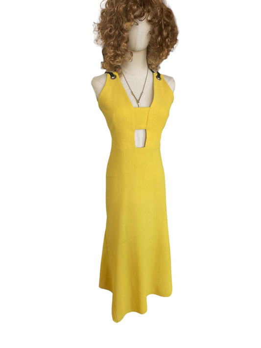 Rebecca Vallance Mustard Yellow Midi Dress | Open Back, Cut Out, BlackTie Detail