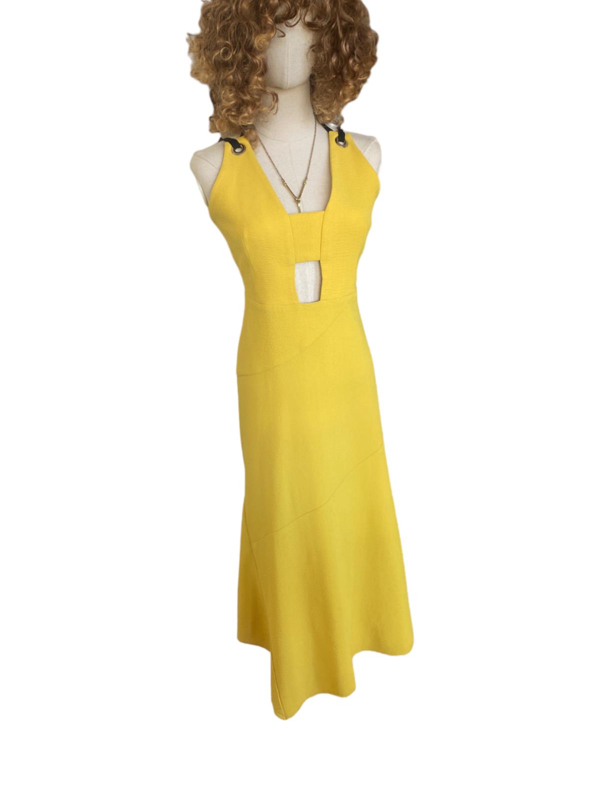 Rebecca Vallance Mustard Yellow Midi Dress | Open Back, Cut Out, BlackTie Detail