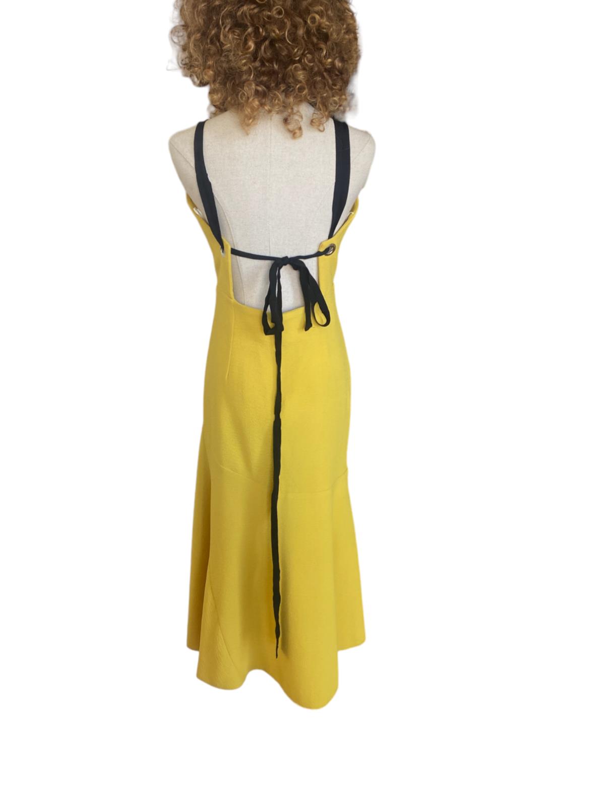 Rebecca Vallance Mustard Yellow Midi Dress | Open Back, Cut Out, BlackTie Detail