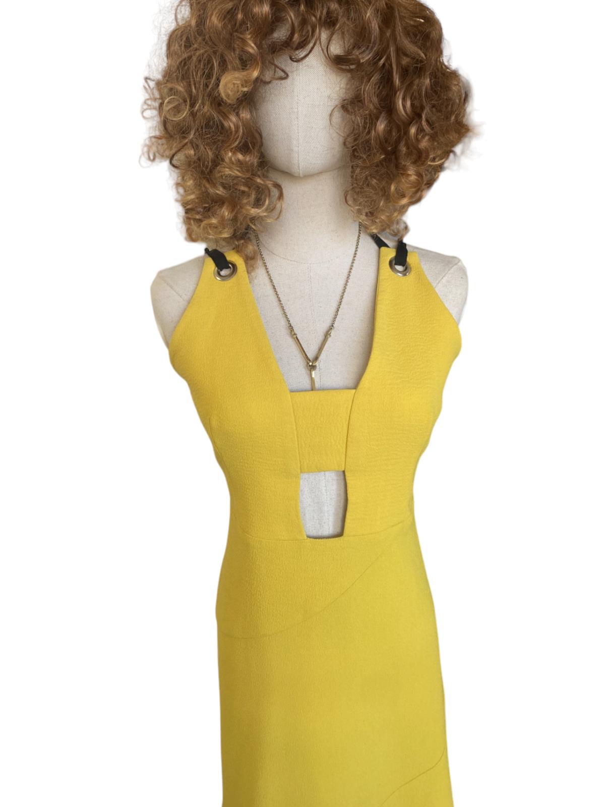 Rebecca Vallance Mustard Yellow Midi Dress | Open Back, Cut Out, BlackTie Detail