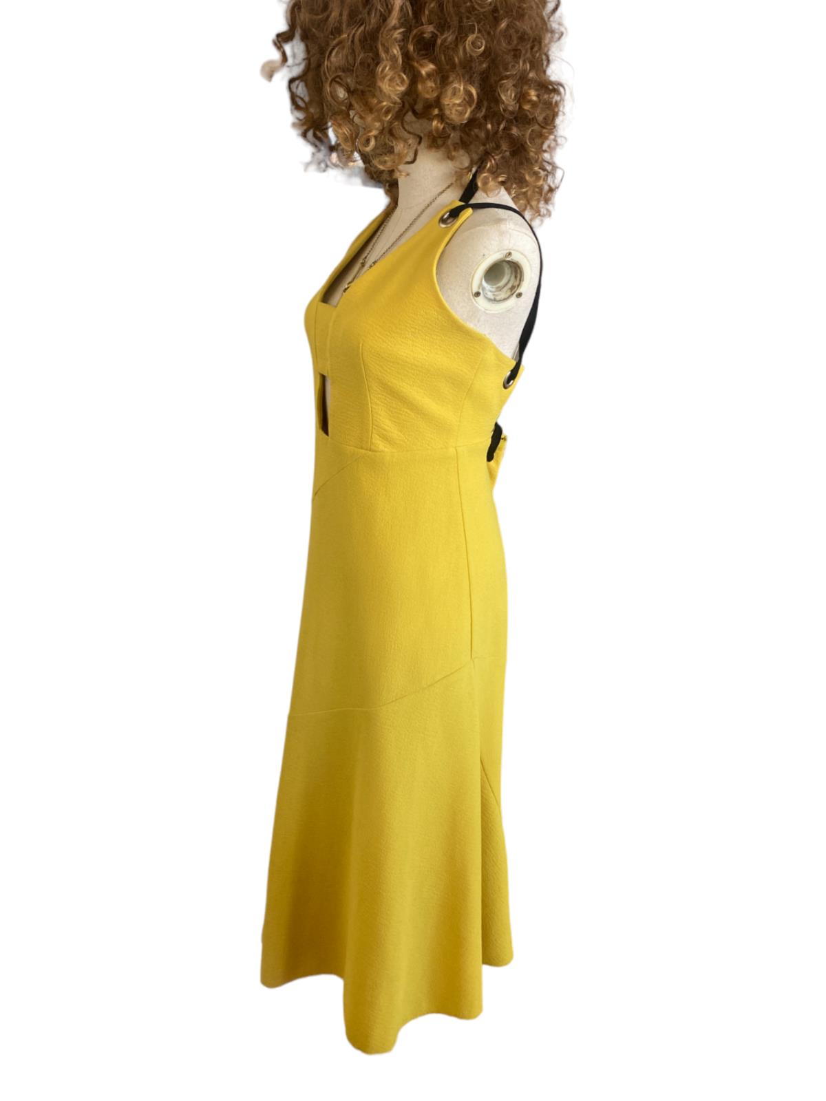 Rebecca Vallance Mustard Yellow Midi Dress | Open Back, Cut Out, BlackTie Detail
