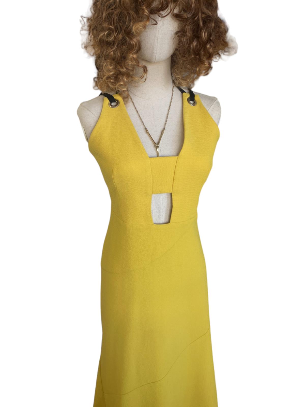 Rebecca Vallance Mustard Yellow Midi Dress | Open Back, Cut Out, BlackTie Detail