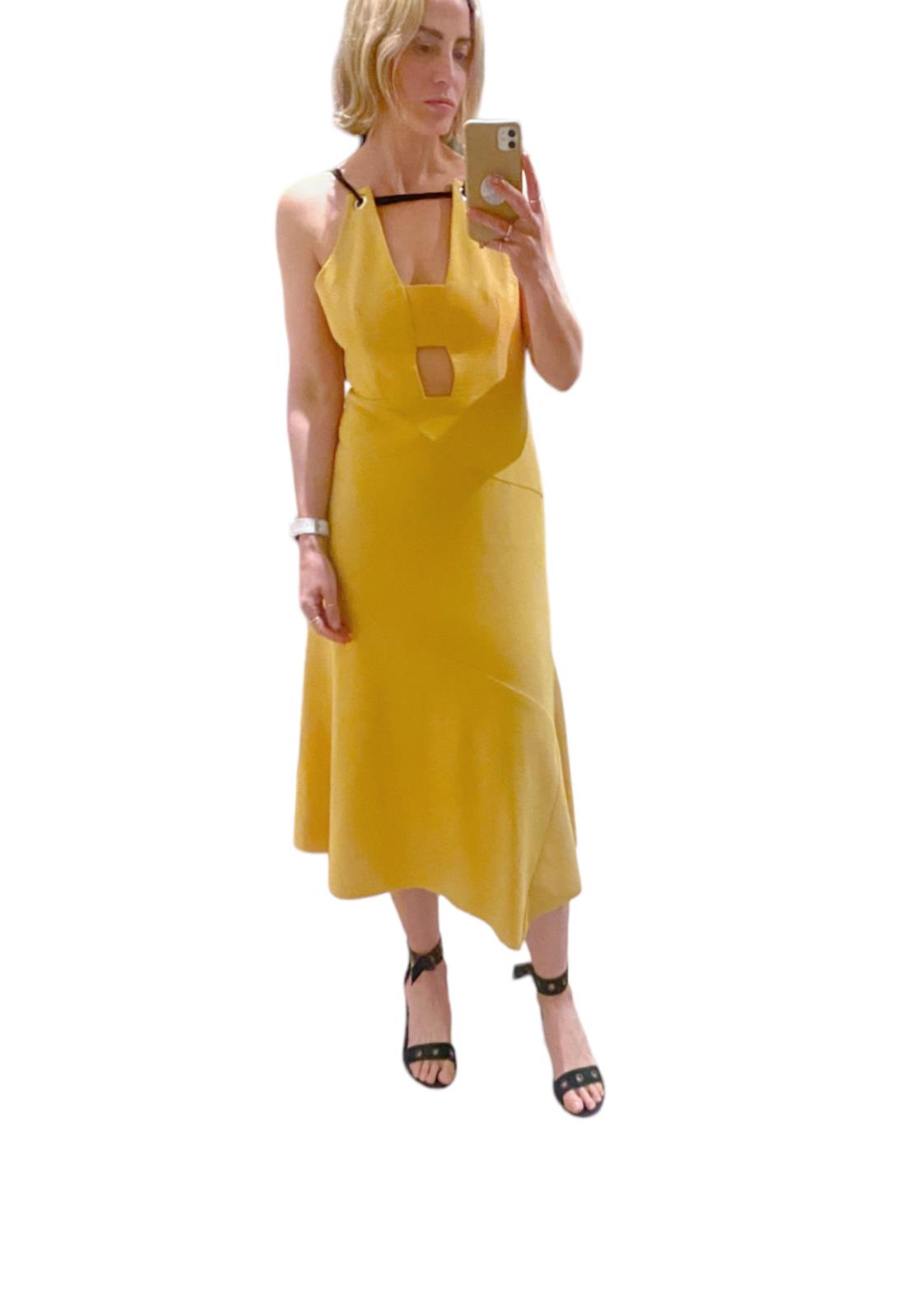 Rebecca Vallance Mustard Yellow Midi Dress | Open Back, Cut Out, BlackTie Detail