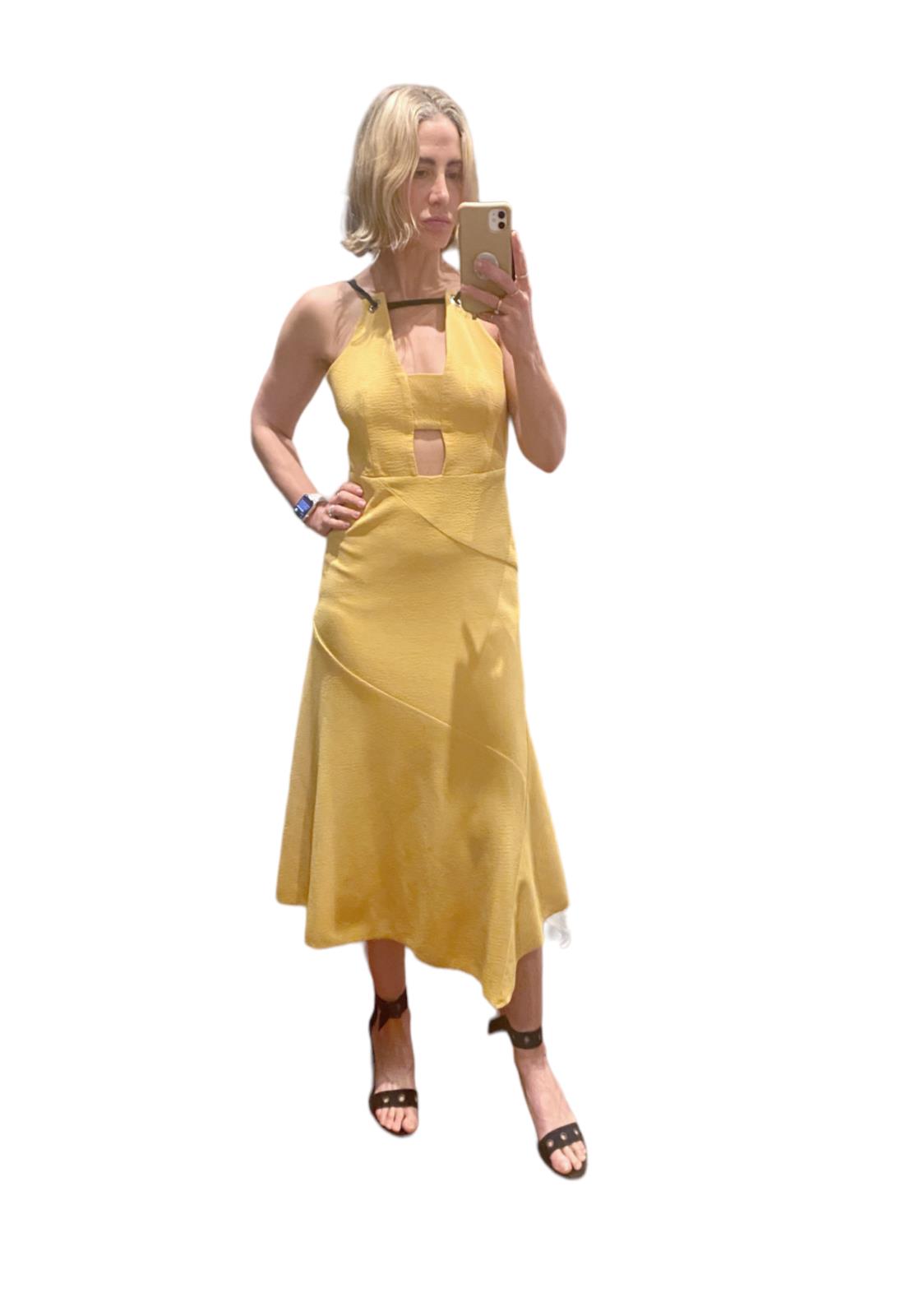 Rebecca Vallance Mustard Yellow Midi Dress | Open Back, Cut Out, BlackTie Detail