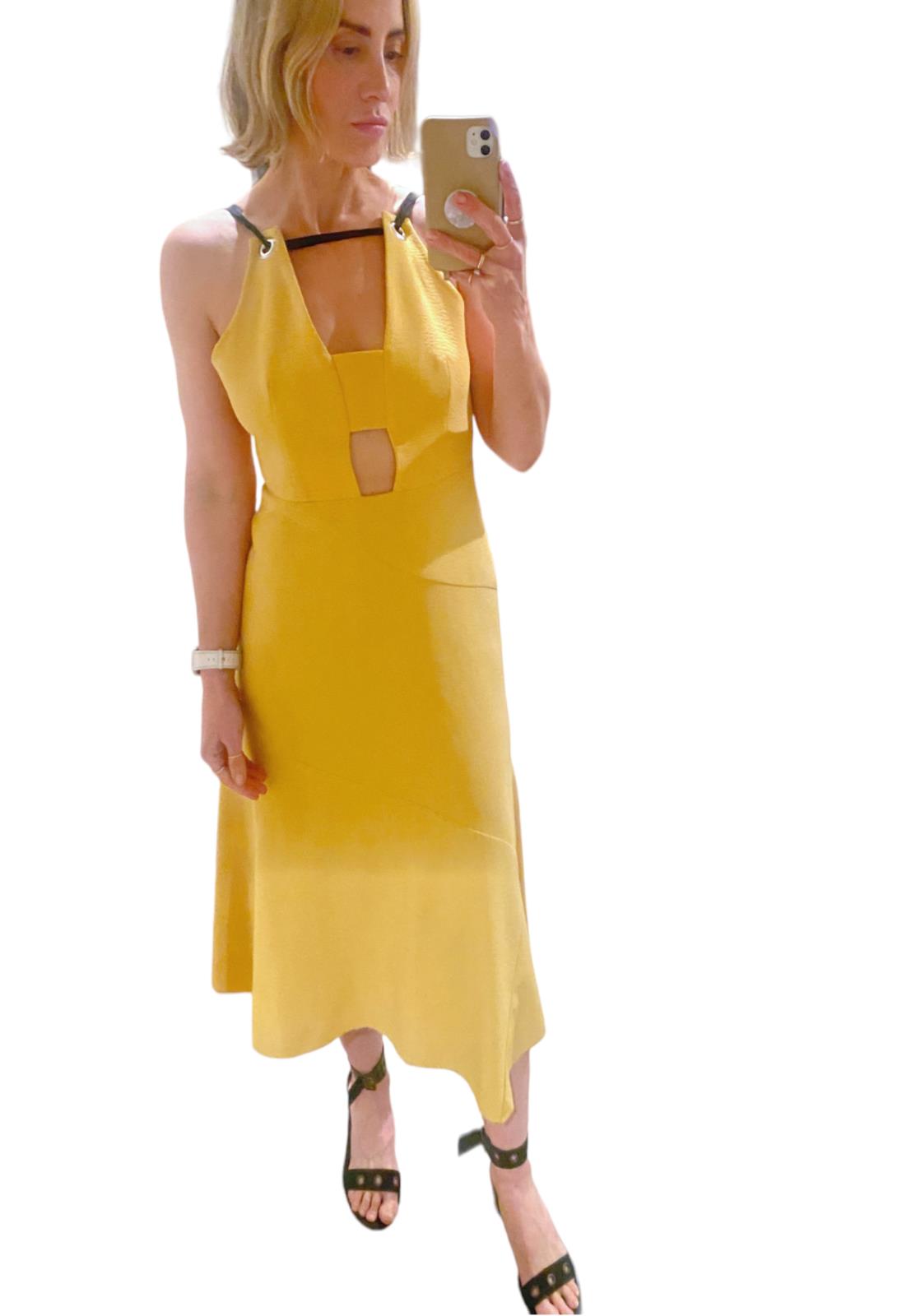 Rebecca Vallance Mustard Yellow Midi Dress | Open Back, Cut Out, BlackTie Detail