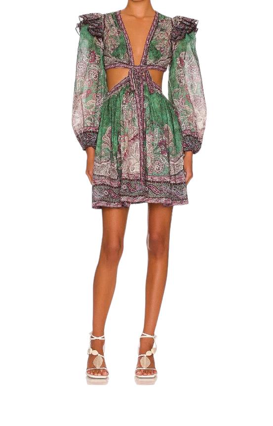 Zimmermann Anneke Ruffle Mini Dress | Teal Paisley, Cotton, Cut Out, Puff Sleeve