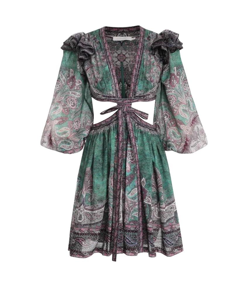 Zimmermann Anneke Ruffle Mini Dress | Teal Paisley, Cotton, Cut Out, Puff Sleeve