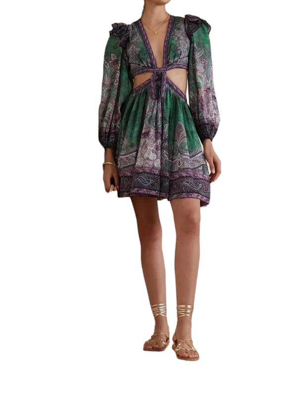 Zimmermann Anneke Ruffle Mini Dress | Teal Paisley, Cotton, Cut Out, Puff Sleeve