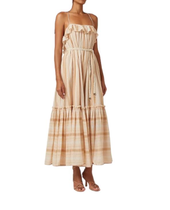 Zimmermann Anneke Swing Dress | Beige/Biscuit, Metallic, Cotton, Belted, Backles