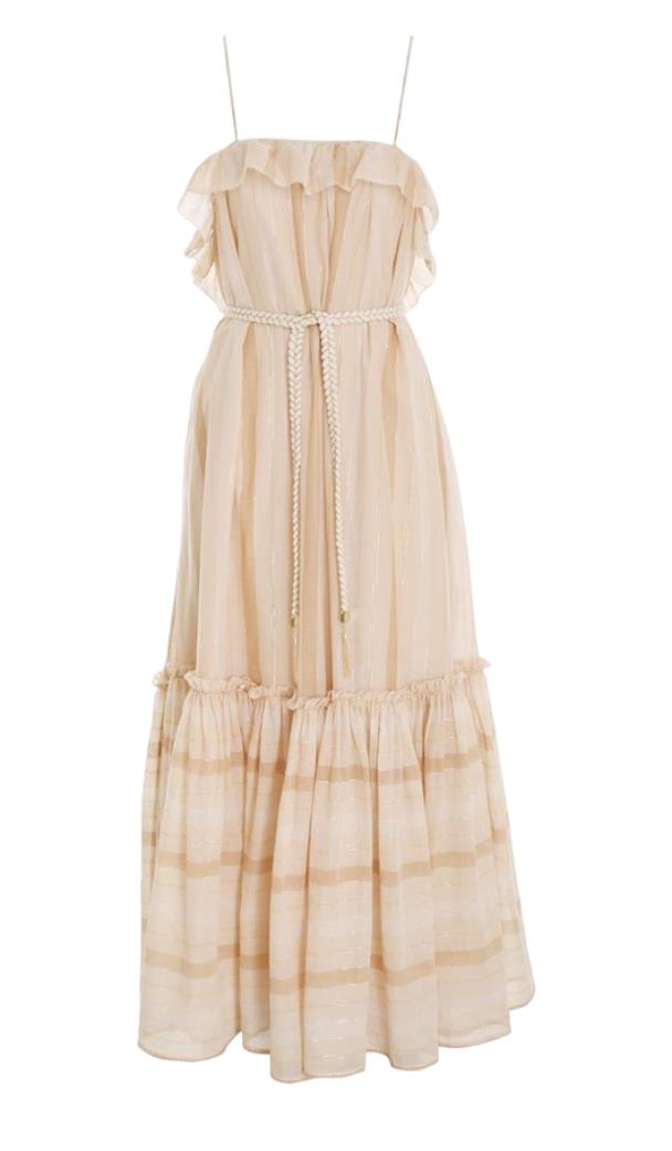 Zimmermann Anneke Swing Dress | Beige/Biscuit, Metallic, Cotton, Belted, Backles