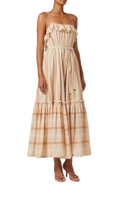 Zimmermann Anneke Swing Dress | Beige/Biscuit, Metallic, Cotton, Belted, Backles