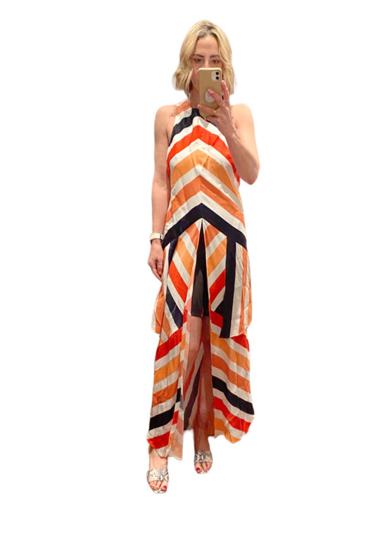 Sass & Bide Long Live Dress | Orange/White/Black, Viscose, Striped, Tiered,Sz 14