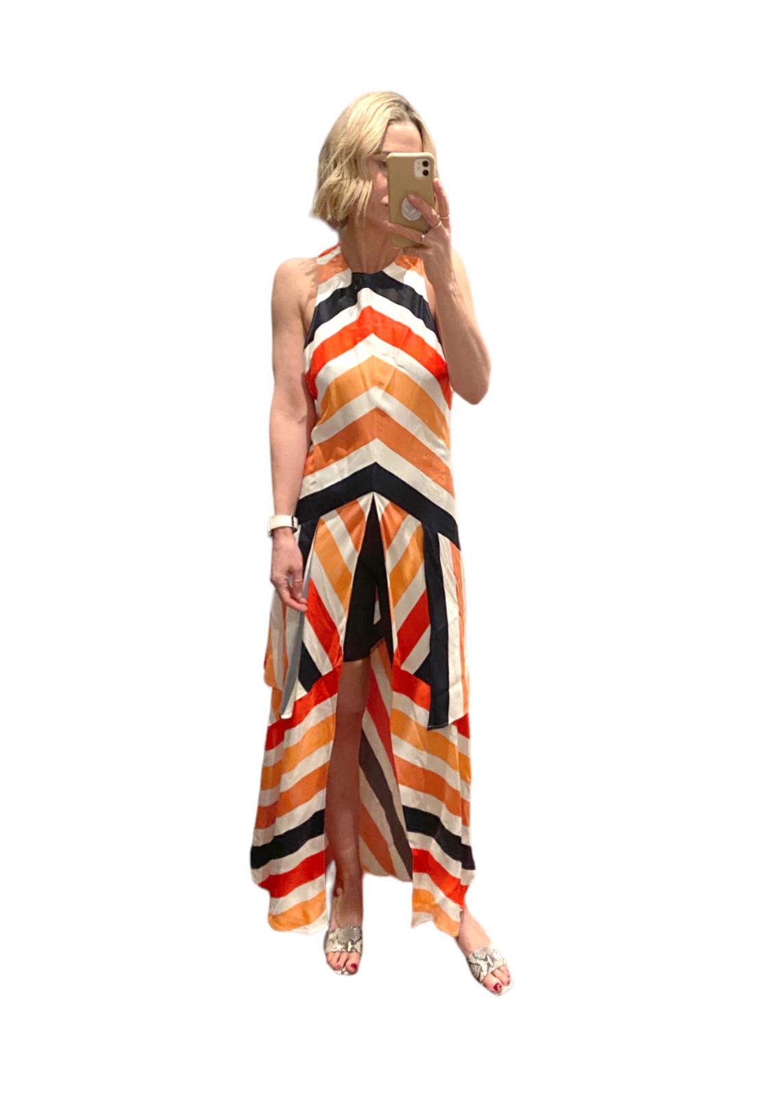 Sass & Bide Long Live Dress | Orange/White/Black, Viscose, Striped, Tiered,Sz 14