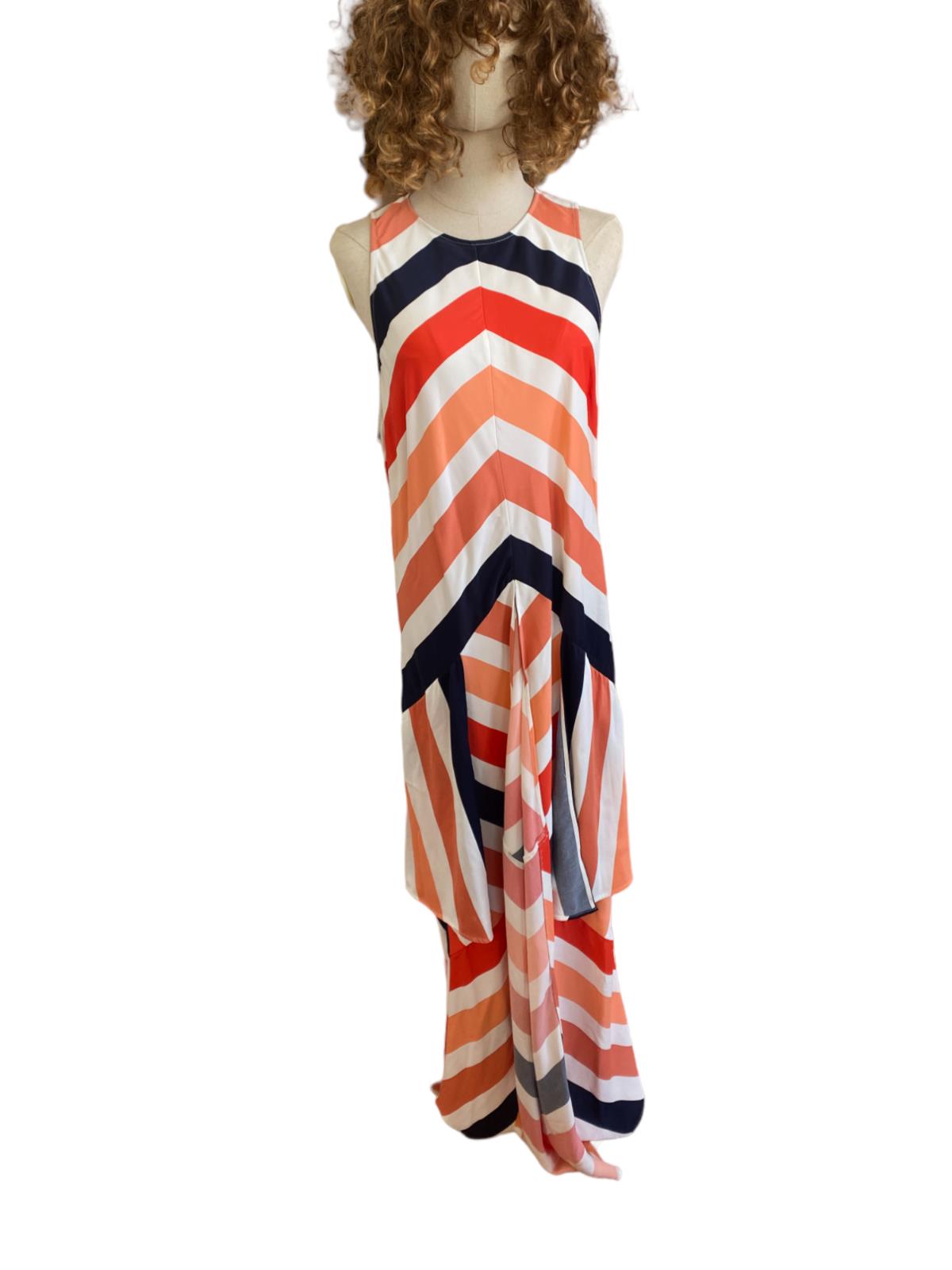 Sass & Bide Long Live Dress | Orange/White/Black, Viscose, Striped, Tiered,Sz 14