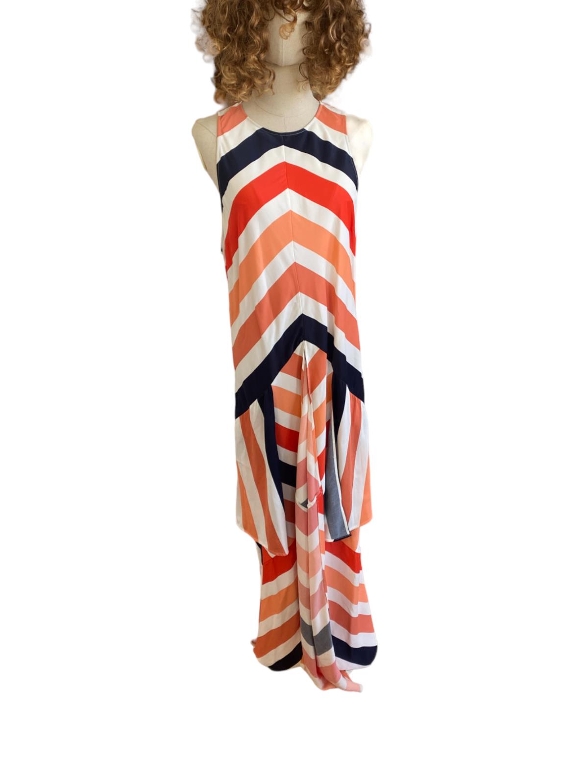 Sass & Bide Long Live Dress | Orange/White/Black, Viscose, Striped, Tiered,Sz 14