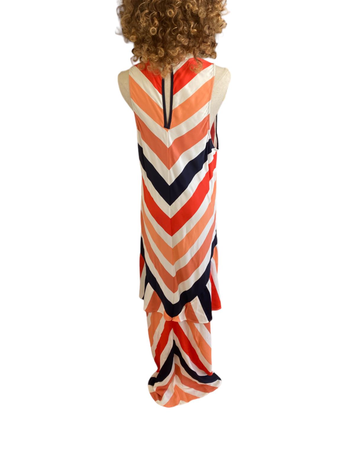 Sass & Bide Long Live Dress | Orange/White/Black, Viscose, Striped, Tiered,Sz 14