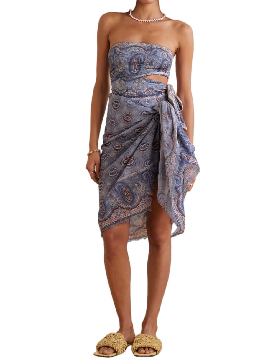 Zimmermann Vitali Placement Scarf Tie One Piece |Blue Paisley, Cut Out, Bandeaud