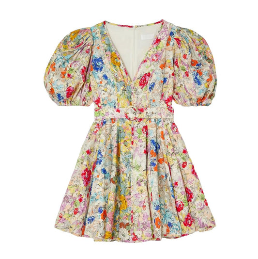 Zimmermann Clover Panelled Mini Dress | Floral, Match Belt, Puff Sleeves, Linen