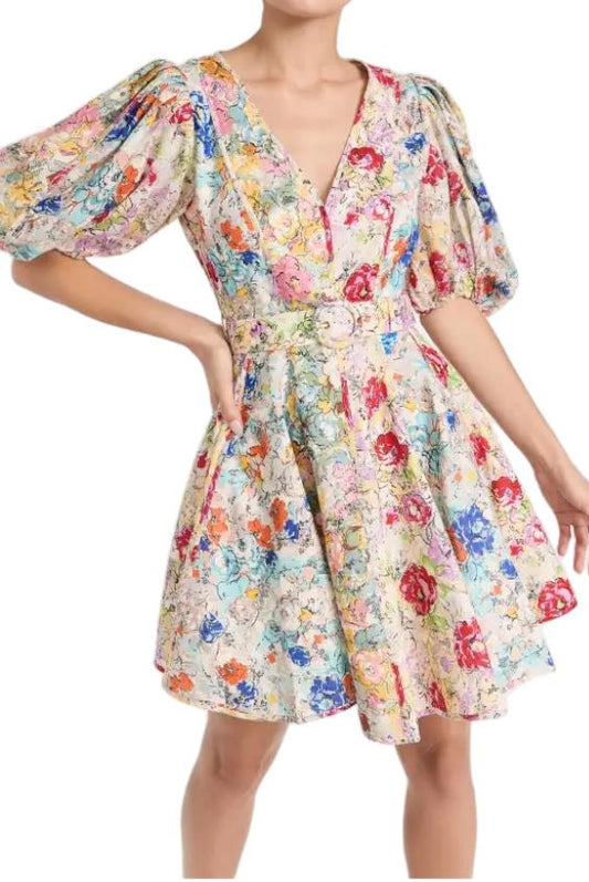 Zimmermann Clover Panelled Mini Dress | Floral, Match Belt, Puff Sleeves, Linen