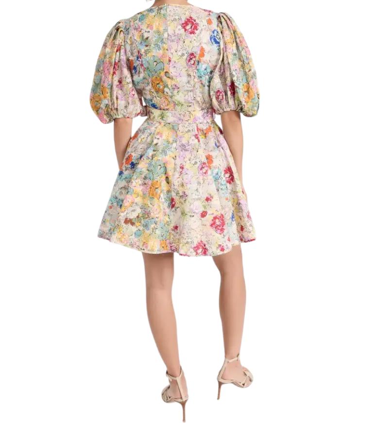 Zimmermann Clover Panelled Mini Dress | Floral, Match Belt, Puff Sleeves, Linen