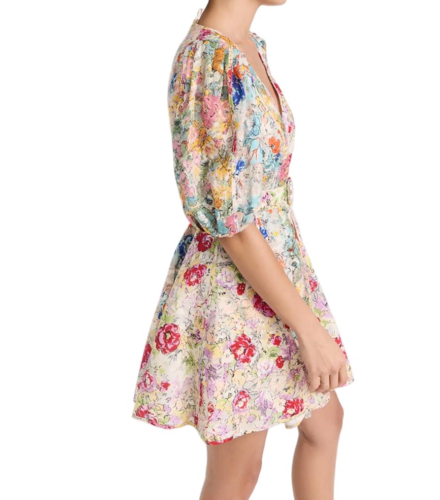 Zimmermann Clover Panelled Mini Dress | Floral, Match Belt, Puff Sleeves, Linen