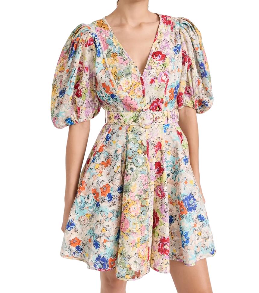 Zimmermann Clover Panelled Mini Dress | Floral, Match Belt, Puff Sleeves, Linen