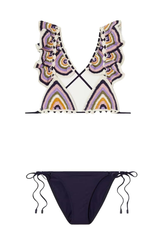 Zimmermann Cira Crochet Frill Tri Bikini | Hand-Crocheted top, Shoulder Ruffles