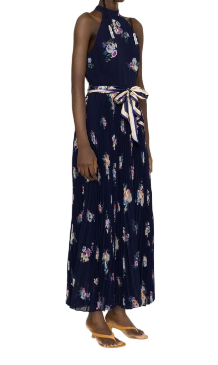 Zimmermann Sunray Picnic Dress | Elka Floral Navy, Silk Scarf Tie Belt, Pleats
