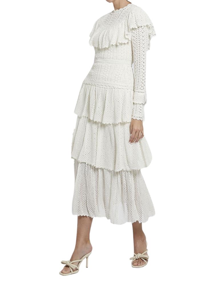 Zimmermann Jude Tiered Midi Skirt | Cream/White, High Waist, Crochet, Ladders