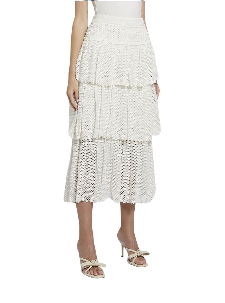 Zimmermann Jude Tiered Midi Skirt | Cream/White, High Waist, Crochet, Ladders