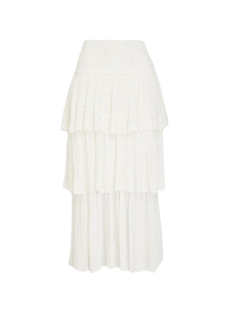 Zimmermann Jude Tiered Midi Skirt | Cream/White, High Waist, Crochet, Ladders