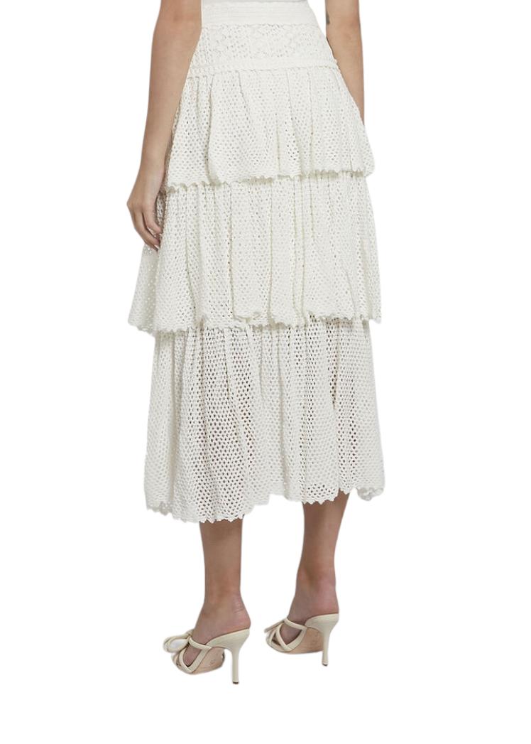 Zimmermann Jude Tiered Midi Skirt | Cream/White, High Waist, Crochet, Ladders