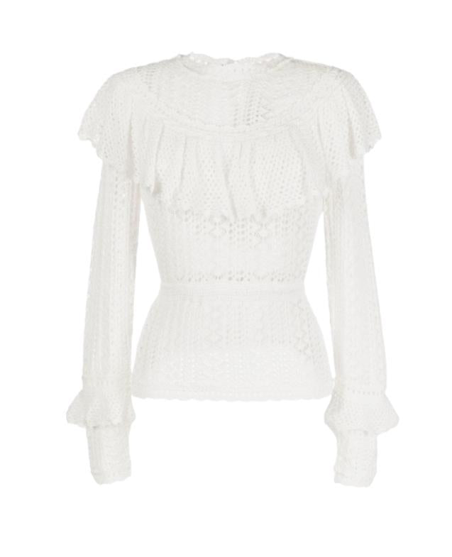 Zimmermann Jude Ruffle Top | Cream/Off-White, Fluted Sleeves, Crochet, Yoke Neck