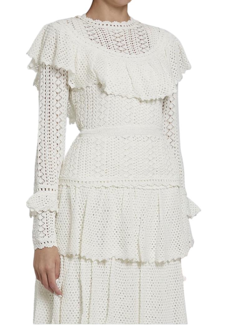 Zimmermann Jude Ruffle Top | Cream/Off-White, Fluted Sleeves, Crochet, Yoke Neck