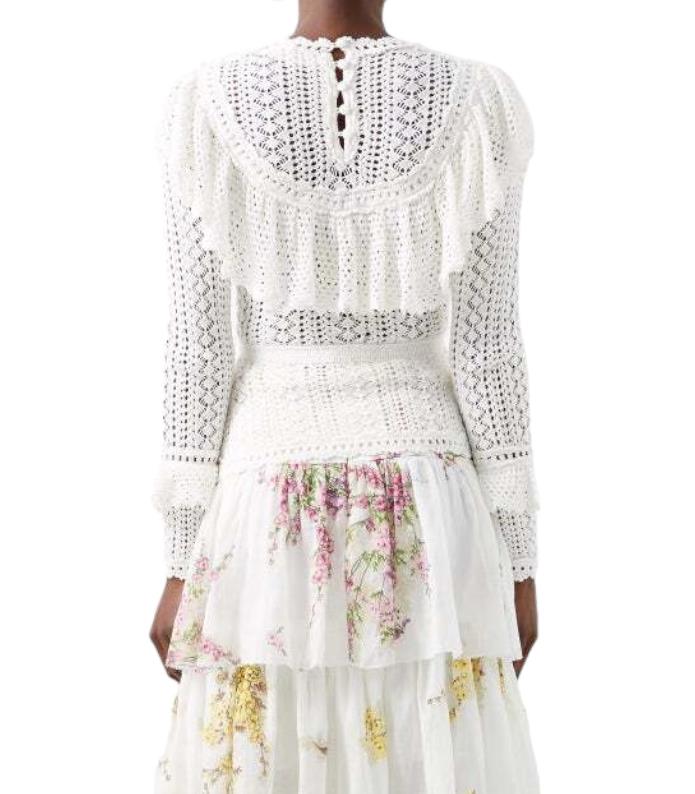 Zimmermann Jude Ruffle Top | Cream/Off-White, Fluted Sleeves, Crochet, Yoke Neck